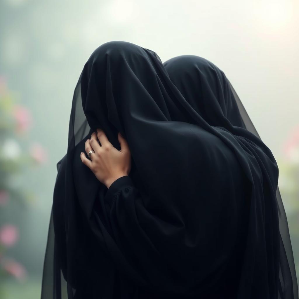 A serene and intimate scene depicting Hazrat Zahra embracing a figure, both adorned in elegant black veils that gracefully drape around them, obscuring their faces