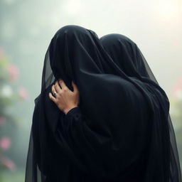 A serene and intimate scene depicting Hazrat Zahra embracing a figure, both adorned in elegant black veils that gracefully drape around them, obscuring their faces