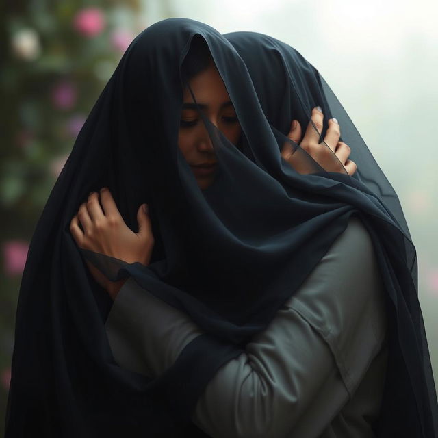 A serene and intimate scene depicting Hazrat Zahra embracing a figure, both adorned in elegant black veils that gracefully drape around them, obscuring their faces