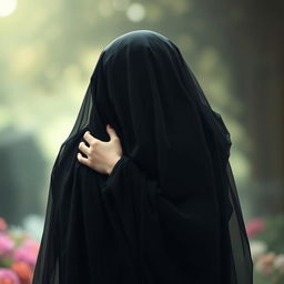 A serene and intimate scene depicting Hazrat Zahra embracing a figure, both adorned in elegant black veils that gracefully drape around them, obscuring their faces