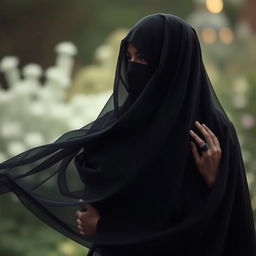 A serene and intimate scene depicting Hazrat Zahra embracing a figure, both adorned in elegant black veils that gracefully drape around them, obscuring their faces