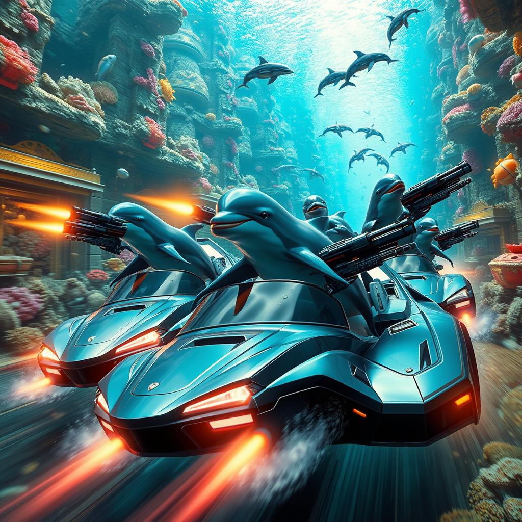 A thrilling scene from an action movie featuring dolphins that are anthropomorphized and equipped with futuristic weapons