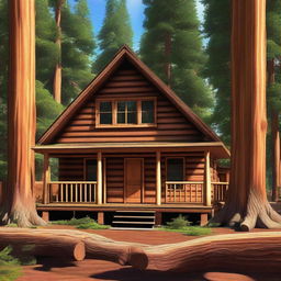 This is a digital art image showcasing a rustic log cabin nestled among towering sequoias