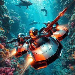 A thrilling scene from an action movie featuring dolphins that are anthropomorphized and equipped with futuristic weapons