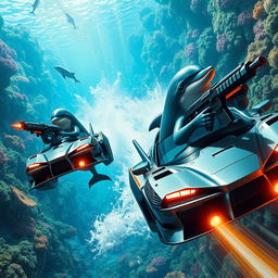 A thrilling scene from an action movie featuring dolphins that are anthropomorphized and equipped with futuristic weapons