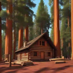 This is a digital art image showcasing a rustic log cabin nestled among towering sequoias