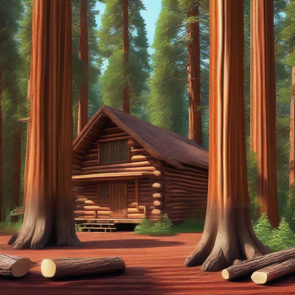 This is a digital art image showcasing a rustic log cabin nestled among towering sequoias