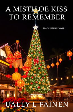 A book cover for a romance novel titled 'A MISTLETOE KISS TO REMEMBER', set in a festive Christmas plaza in the Philippines