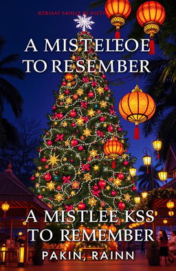 A book cover for a romance novel titled 'A MISTLETOE KISS TO REMEMBER', set in a festive Christmas plaza in the Philippines