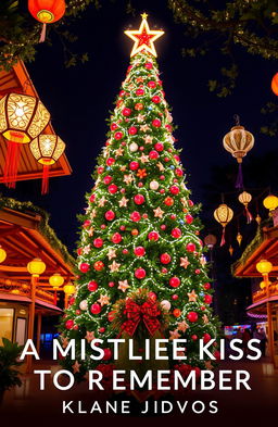 A book cover for a romance novel titled 'A MISTLETOE KISS TO REMEMBER', set in a festive Christmas plaza in the Philippines