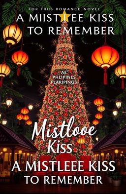 A book cover for a romance novel titled 'A MISTLETOE KISS TO REMEMBER', set in a festive Christmas plaza in the Philippines