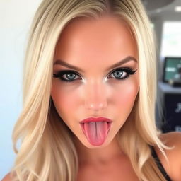 A striking woman with long blonde hair, light eyes, and highlighted makeup