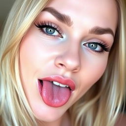 A striking woman with long blonde hair, light eyes, and highlighted makeup