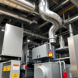 A detailed photograph of HVAC equipment within a chemical manufacturing facility, showcasing a variety of large units including ductwork, compressors, and ventilation systems