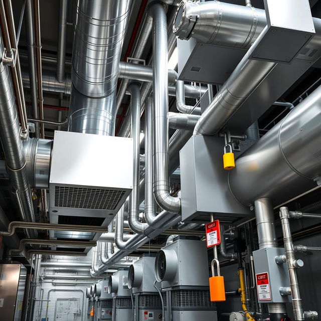 A detailed photograph of HVAC equipment within a chemical manufacturing facility, showcasing a variety of large units including ductwork, compressors, and ventilation systems