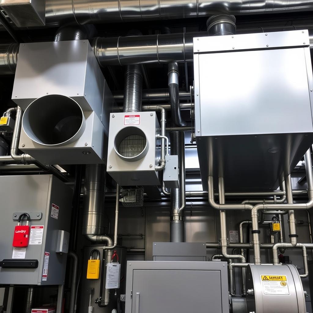 A detailed photograph of HVAC equipment within a chemical manufacturing facility, showcasing a variety of large units including ductwork, compressors, and ventilation systems