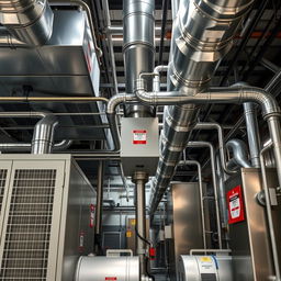 A detailed photograph of HVAC equipment within a chemical manufacturing facility, showcasing a variety of large units including ductwork, compressors, and ventilation systems