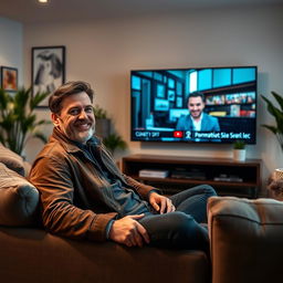 A charismatic man sitting comfortably in a stylish living room, appearing on a large flat-screen TV