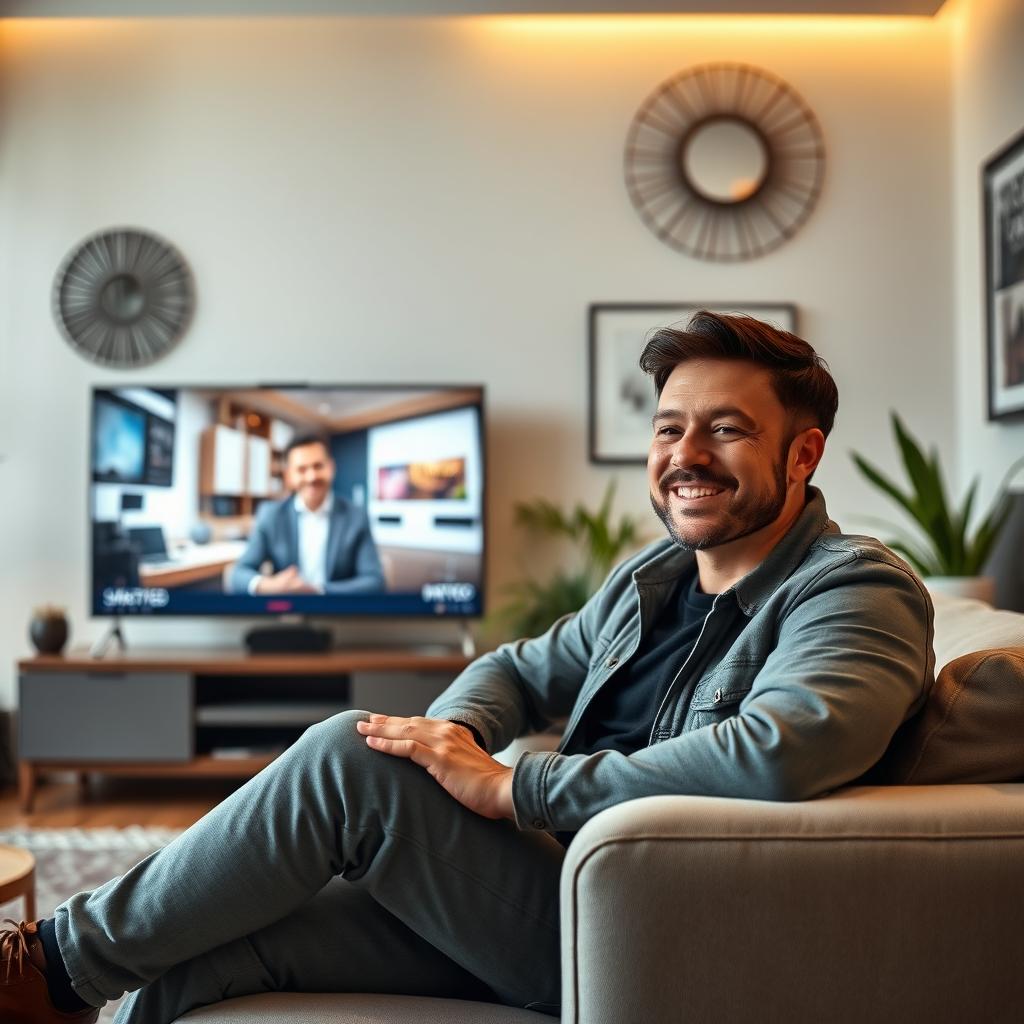 A charismatic man sitting comfortably in a stylish living room, appearing on a large flat-screen TV