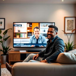 A charismatic man sitting comfortably in a stylish living room, appearing on a large flat-screen TV