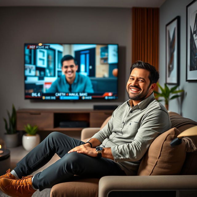 A charismatic man sitting comfortably in a stylish living room, appearing on a large flat-screen TV