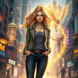An urban fantasy character depicted as a beautiful 30-year-old woman with flowing blonde curly hair and striking dark blue eyes