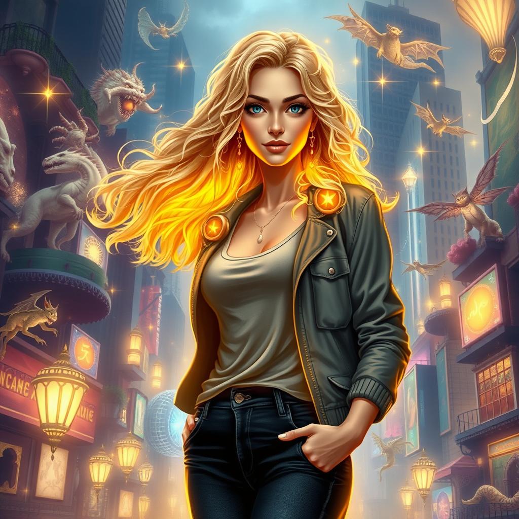An urban fantasy character depicted as a beautiful 30-year-old woman with flowing blonde curly hair and striking dark blue eyes