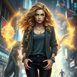 An urban fantasy character depicted as a beautiful 30-year-old woman with flowing blonde curly hair and striking dark blue eyes