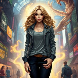 An urban fantasy character depicted as a beautiful 30-year-old woman with flowing blonde curly hair and striking dark blue eyes
