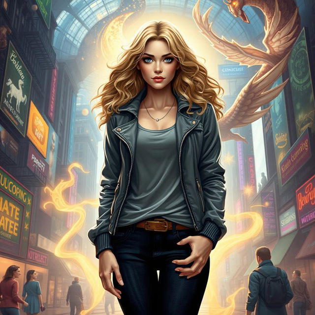 An urban fantasy character depicted as a beautiful 30-year-old woman with flowing blonde curly hair and striking dark blue eyes