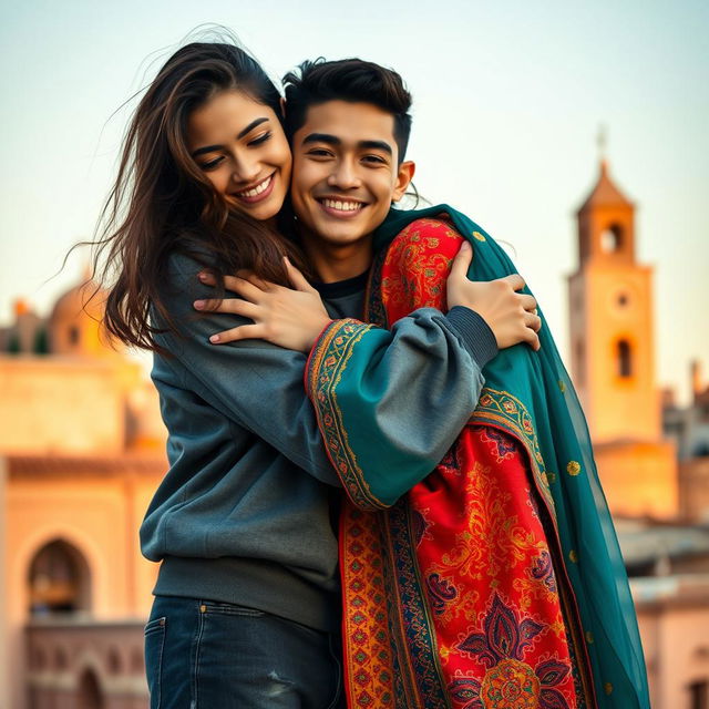 A heartwarming scene of Mingyu from Seventeen gently hugging a beautiful Moroccan girl