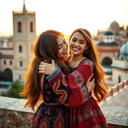 A heartwarming scene of Mingyu from Seventeen gently hugging a beautiful Moroccan girl