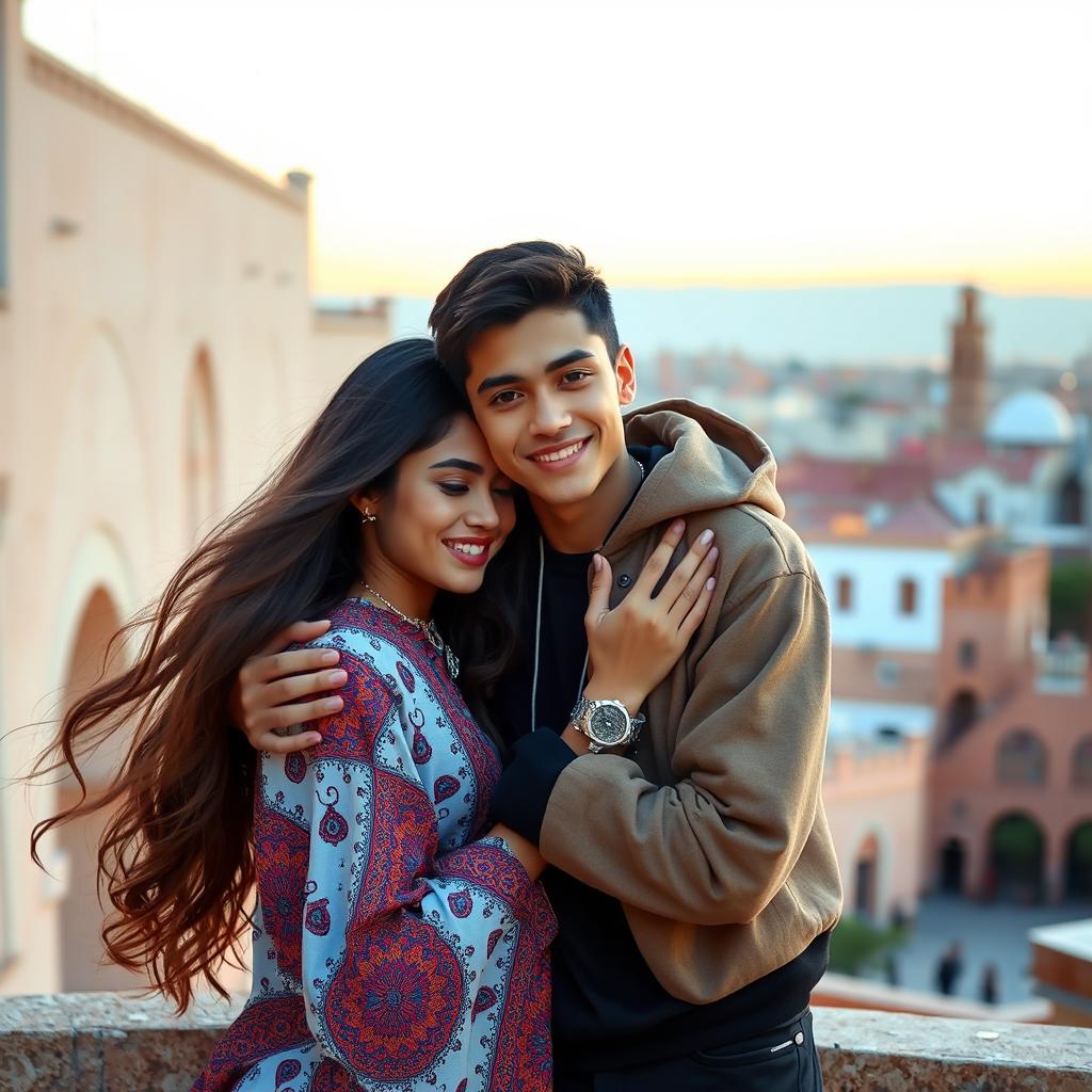 A heartwarming scene of Mingyu from Seventeen gently hugging a beautiful Moroccan girl