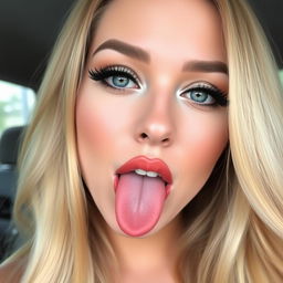 A captivating woman with long blonde hair, light eyes, and striking makeup