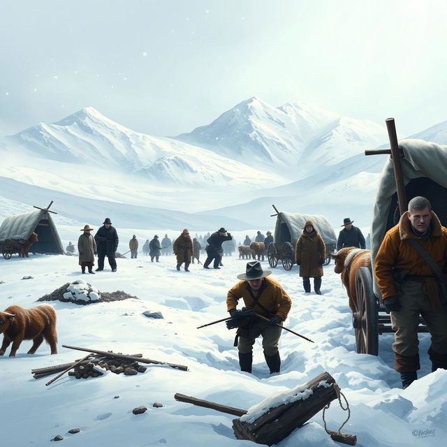An artistic depiction of the Donner Party struggling through deep snow, with snow-covered mountains in the background