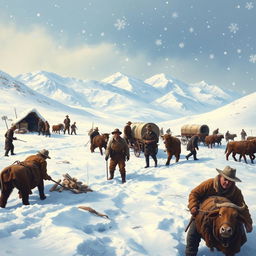An artistic depiction of the Donner Party struggling through deep snow, with snow-covered mountains in the background