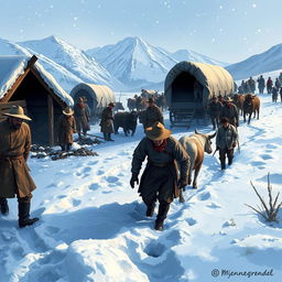 An artistic depiction of the Donner Party struggling through deep snow, with snow-covered mountains in the background