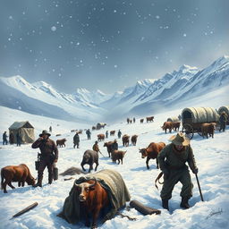 An artistic depiction of the Donner Party struggling through deep snow, with snow-covered mountains in the background