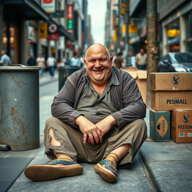 A middle-aged, overweight man sitting on the sidewalk, looking humorous and cheerful despite his circumstances