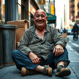 A middle-aged, overweight man sitting on the sidewalk, looking humorous and cheerful despite his circumstances