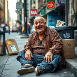A middle-aged, overweight man sitting on the sidewalk, looking humorous and cheerful despite his circumstances