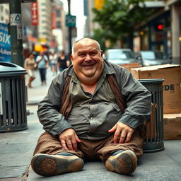 A middle-aged, overweight man sitting on the sidewalk, looking humorous and cheerful despite his circumstances