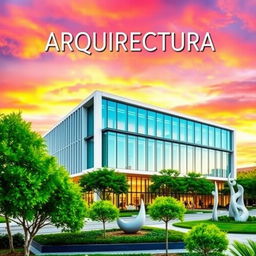 A stunning architectural cover design showcasing a modern building with sleek lines and large glass windows, set against a vibrant sunset sky