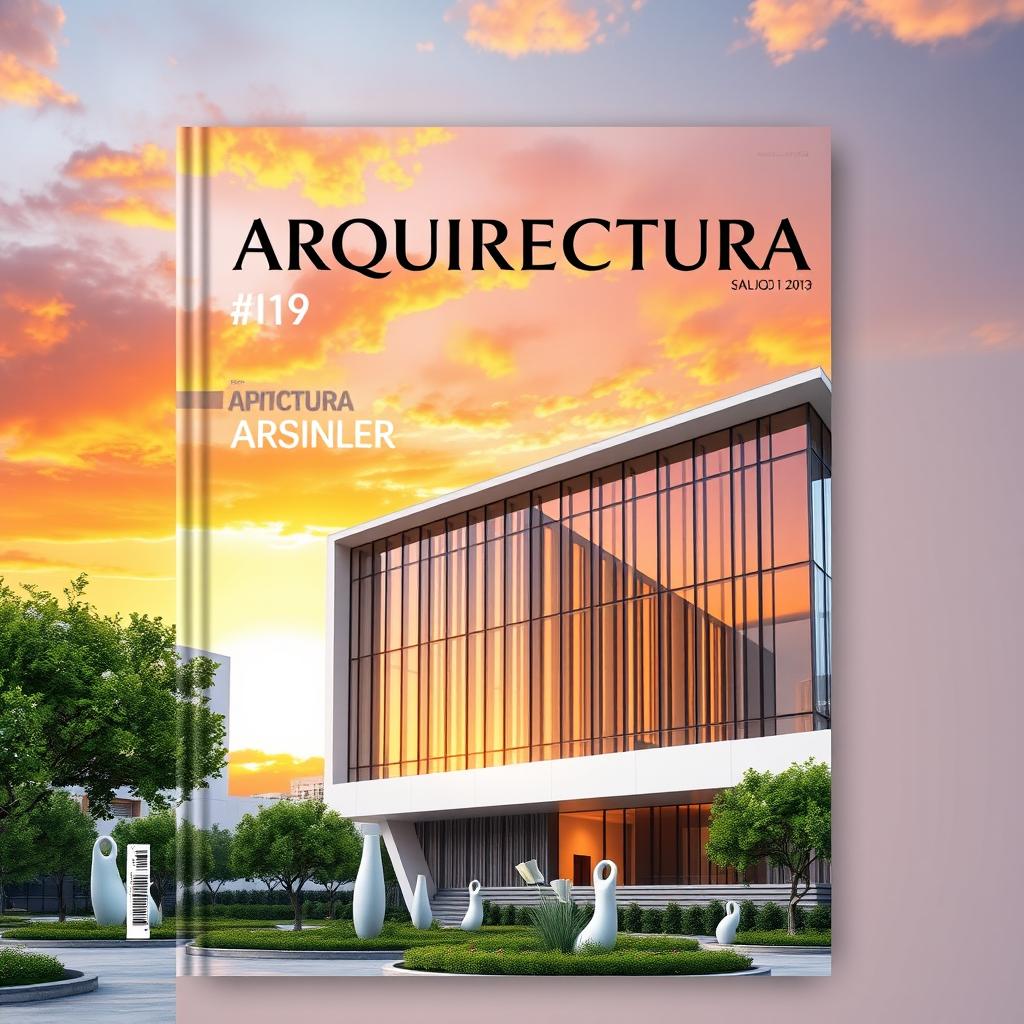 A stunning architectural cover design showcasing a modern building with sleek lines and large glass windows, set against a vibrant sunset sky