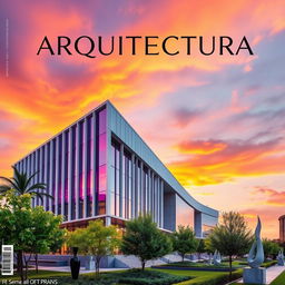 A stunning architectural cover design showcasing a modern building with sleek lines and large glass windows, set against a vibrant sunset sky
