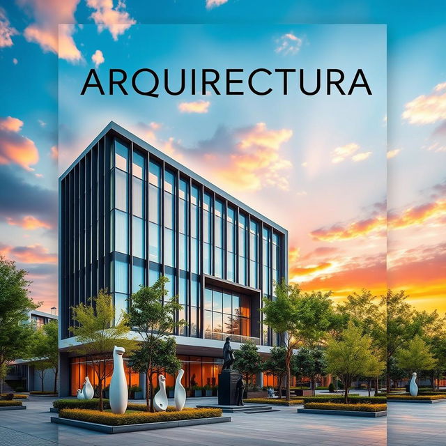 A stunning architectural cover design showcasing a modern building with sleek lines and large glass windows, set against a vibrant sunset sky