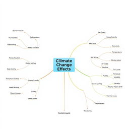 A clear and informative mind map illustrating the environmental and societal effects of climate change