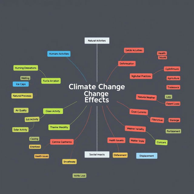 A clear and informative mind map illustrating the environmental and societal effects of climate change