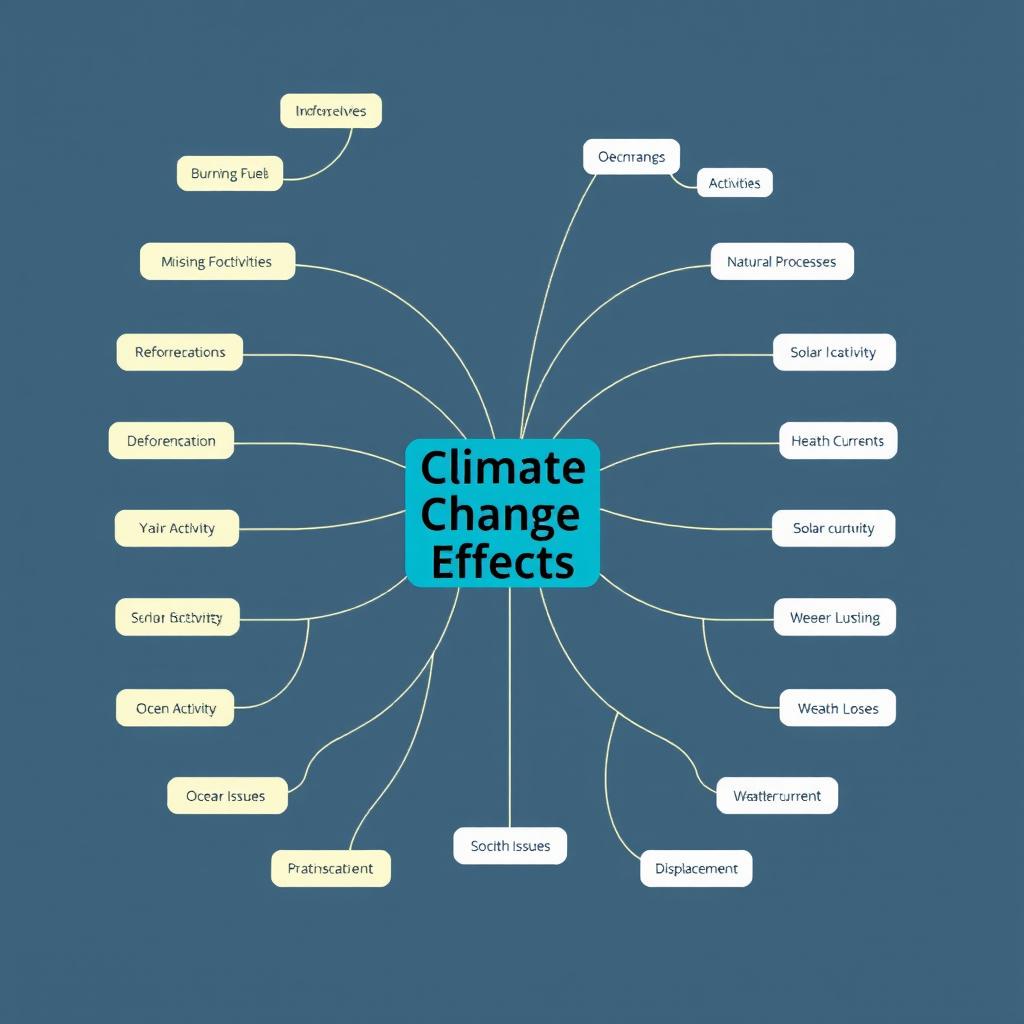 A clear and informative mind map illustrating the environmental and societal effects of climate change