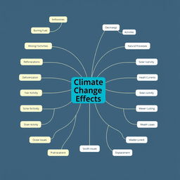 A clear and informative mind map illustrating the environmental and societal effects of climate change